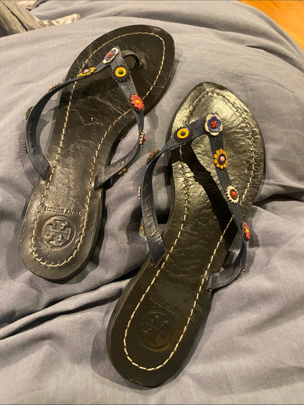 Tory Burch Navy Leather Floral-Accent Flip Flops